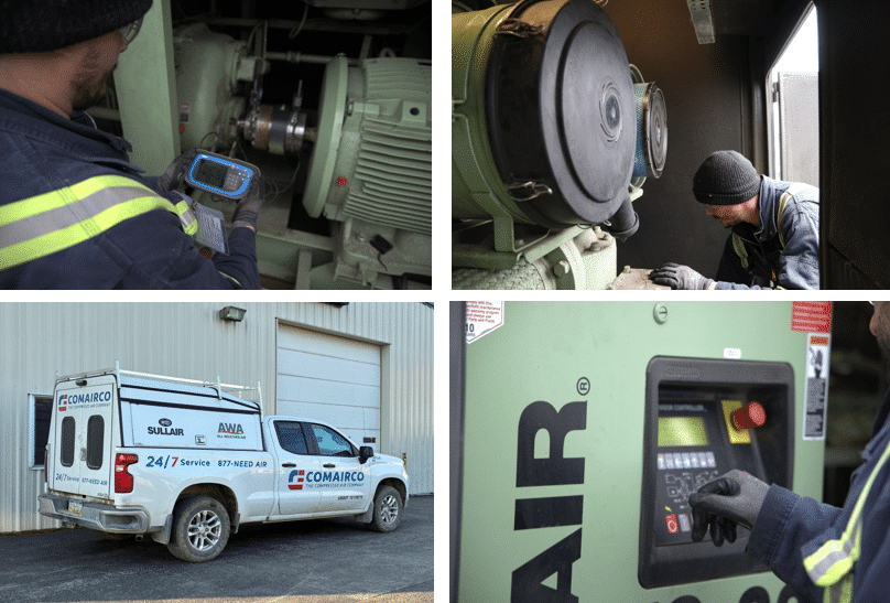 a collage of four photos, a technician megging a motor, checking an air filer, a Comairco truck, setting the control panel