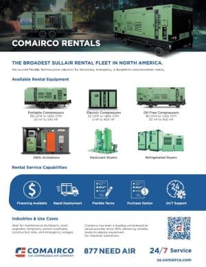 COMAIRCO compressed air rentals flyer featuring portable, electric, and oil-free rental compressors, air stations, desiccant dryers, refrigerated dryers, rapid deployment, flexible rental terms, and 24/7 support.